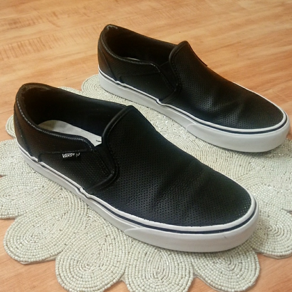 Vans Black Leather White Sole Slip On Rubber Sole